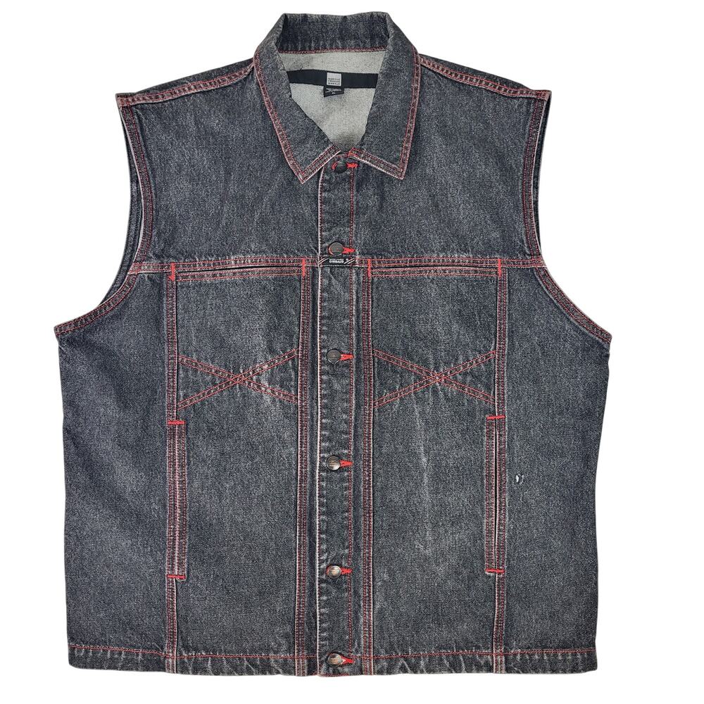 Y2K Marithe + Francois Girbaud Denim Vest Black Red Stitching Men's Sz XL